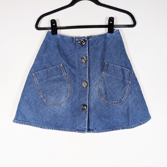 Gucci Marble Washed Cotton Stretch Logo Button Front Denim Mini Skirt In Blue 38 - Picture 1 of 4